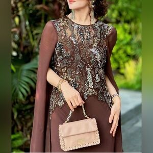 Sz S Zara ZW Collection LIMITED EDITION Brown Embroidered Beaded Maxi Dress New